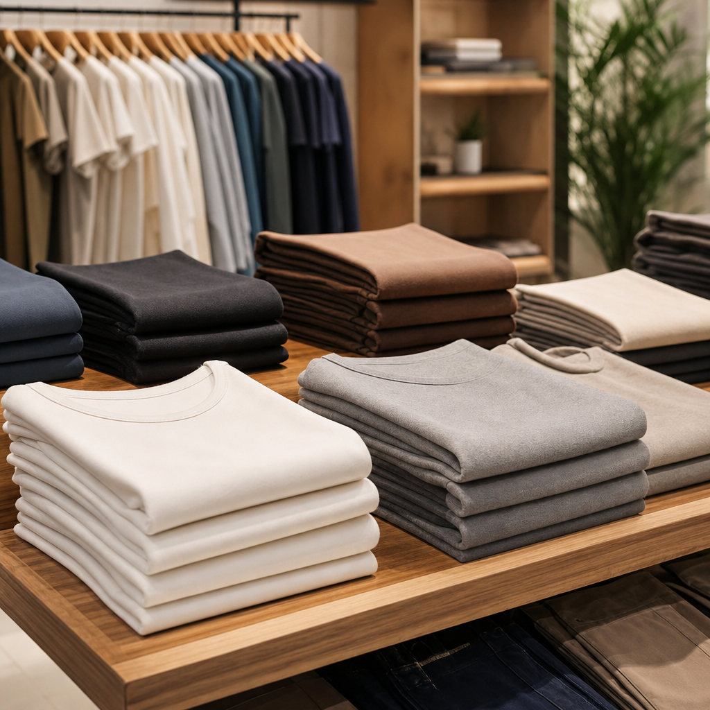 Playeras dobladas en una boutique