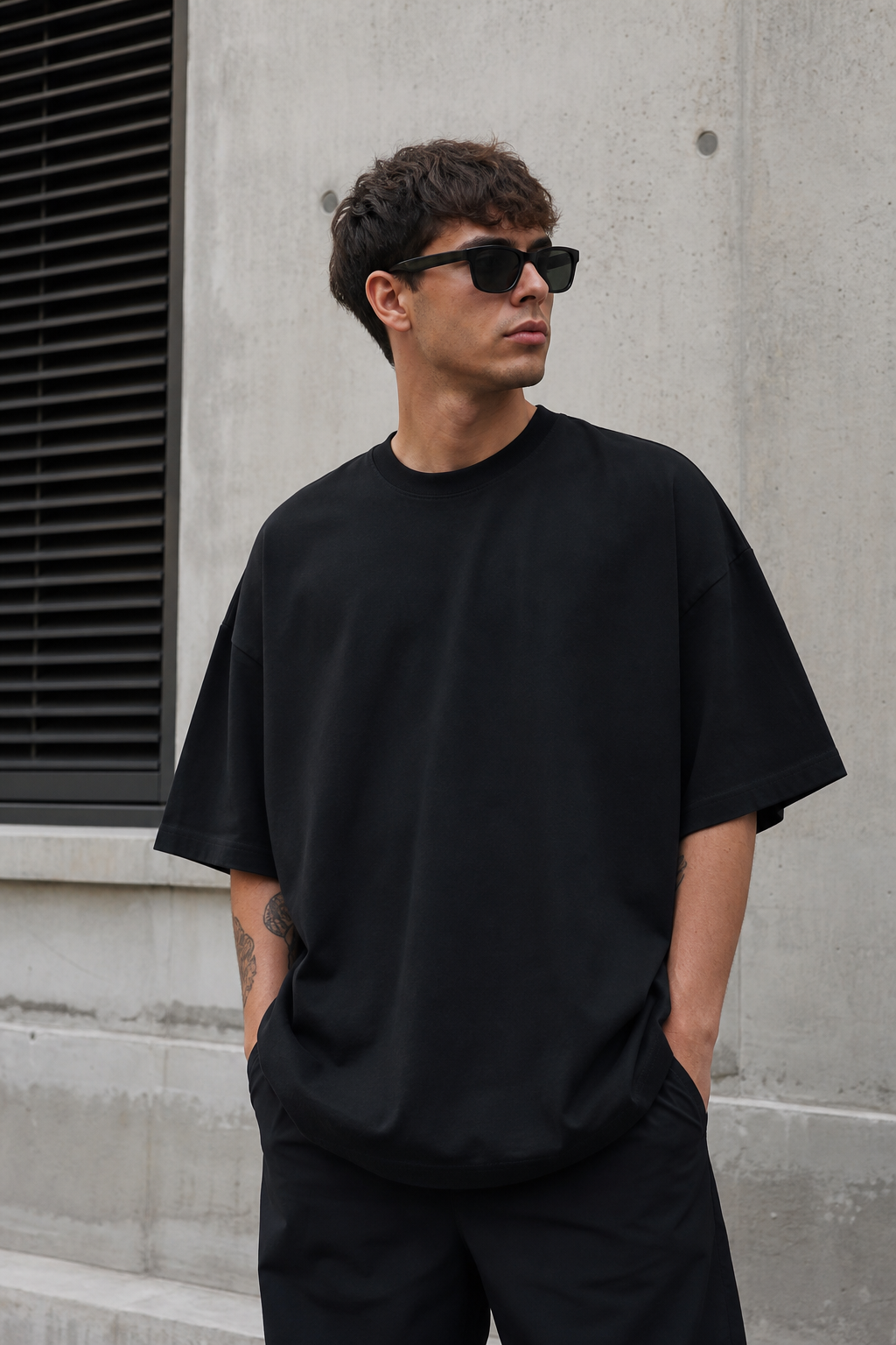 Playera negra oversized en modelo